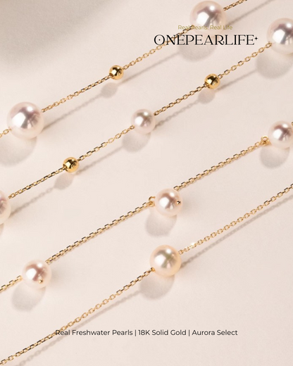 Celeste – AAA+ Quality Japanese Akoya Natural Pearl Station Necklace | 5–5.5mm | 18K Gold