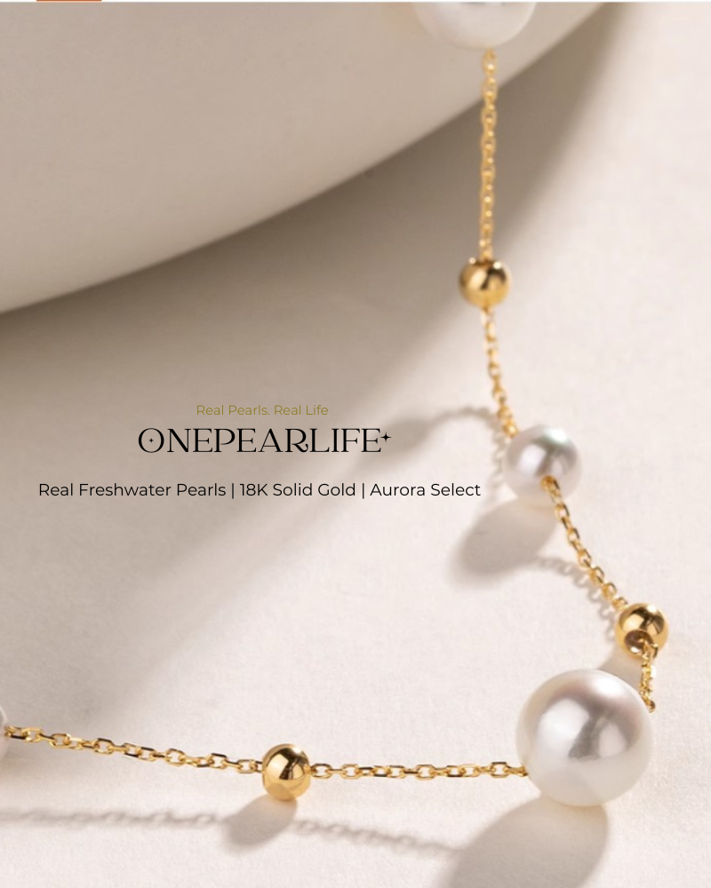 Celeste – AAA+ Quality Japanese Akoya Natural Pearl Station Necklace | 5–5.5mm | 18K Gold