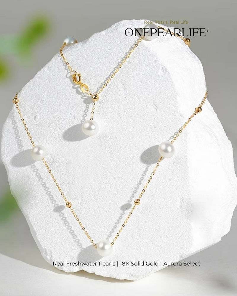 Celeste – AAA+ Quality Japanese Akoya Natural Pearl Station Necklace | 5–5.5mm | 18K Gold