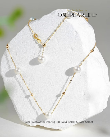 Celeste – AAA+ Quality Japanese Akoya Natural Pearl Station Necklace | 5–5.5mm | 18K Gold