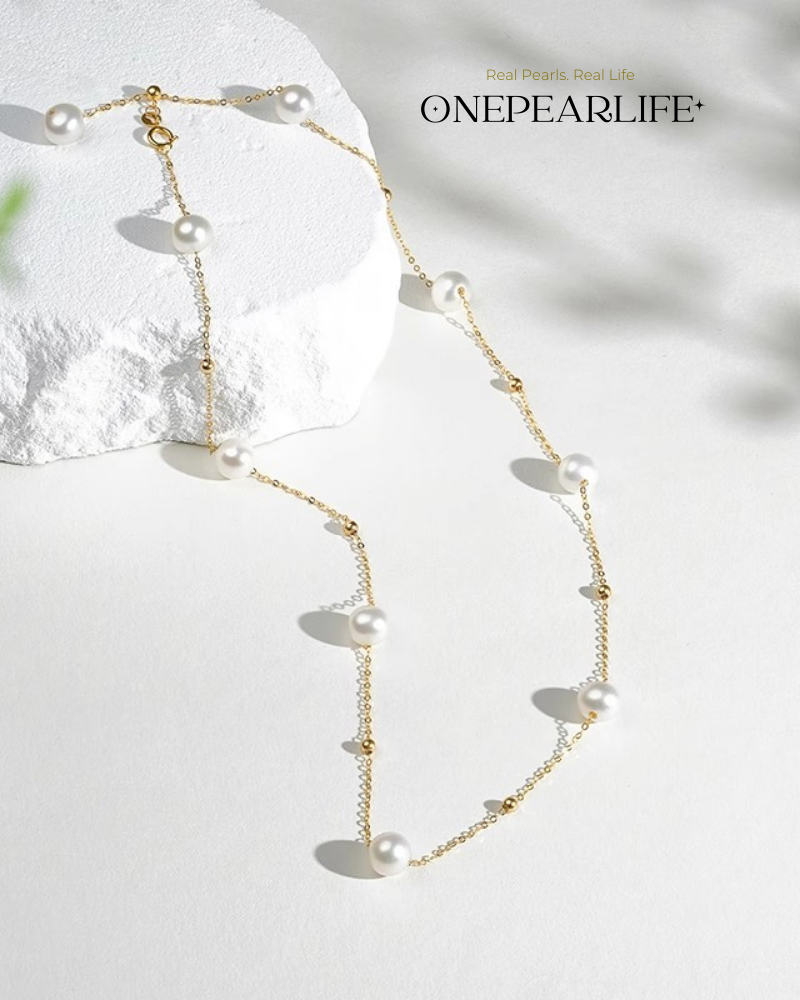 Celeste – AAA+ Quality Japanese Akoya Natural Pearl Station Necklace | 5–5.5mm | 18K Gold
