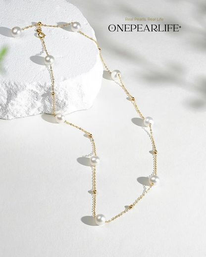 Celeste – AAA+ Quality Japanese Akoya Natural Pearl Station Necklace | 5–5.5mm | 18K Gold