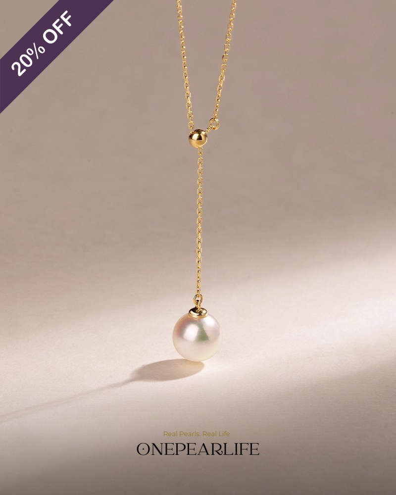 Célinea – AAA+ Quality Japanese Akoya White Pearl Y Necklace | 18K Solid Gold | 8–8.5mm Onepearlife