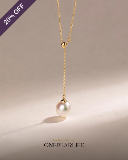 Célinea – AAA+ Quality Japanese Akoya White Pearl Y Necklace | 18K Solid Gold | 8–8.5mm Onepearlife