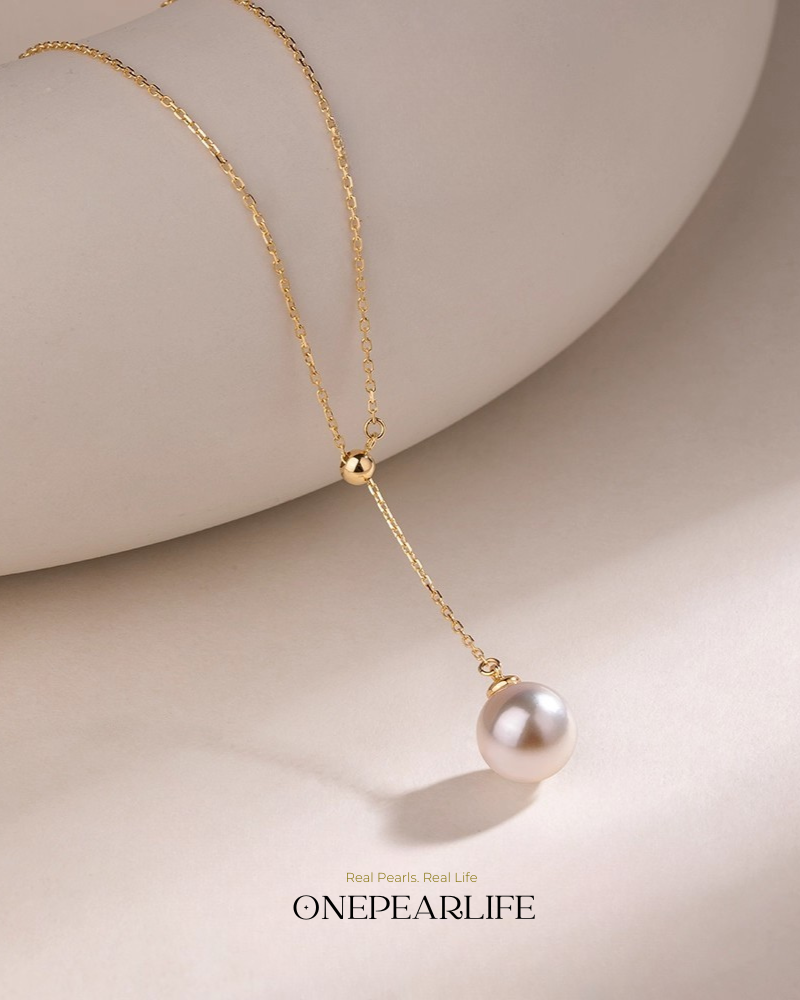 Célinea – AAA+ Quality Japanese Akoya White Pearl Y Necklace | 18K Solid Gold | 8–8.5mm Onepearlife