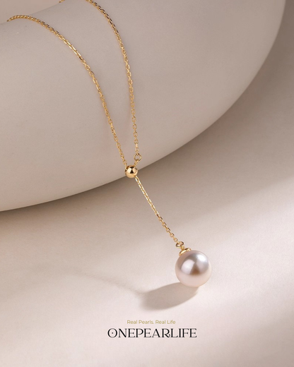 Célinea – AAA+ Quality Japanese Akoya White Pearl Y Necklace | 18K Solid Gold | 8–8.5mm Onepearlife