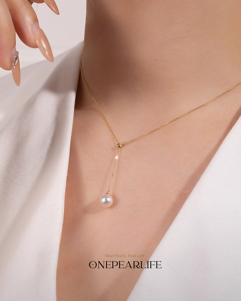 Célinea – AAA+ Quality Japanese Akoya White Pearl Y Necklace | 18K Solid Gold | 8–8.5mm Onepearlife