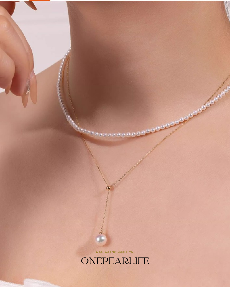 Célinea – AAA+ Quality Japanese Akoya White Pearl Y Necklace | 18K Solid Gold | 8–8.5mm Onepearlife