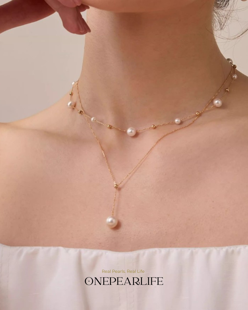 Célinea – AAA+ Quality Japanese Akoya White Pearl Y Necklace | 18K Solid Gold | 8–8.5mm Onepearlife