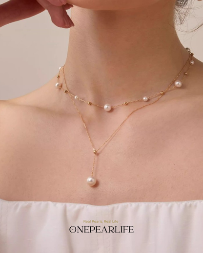 Célinea – AAA+ Quality Japanese Akoya White Pearl Y Necklace | 18K Solid Gold | 8–8.5mm Onepearlife