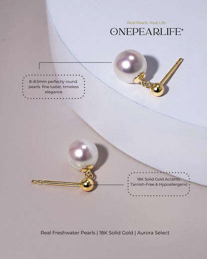 Clara – AAA Quality Natural Freshwater White Pearl Stud Earrings | 8–8.5mm | 18K Gold