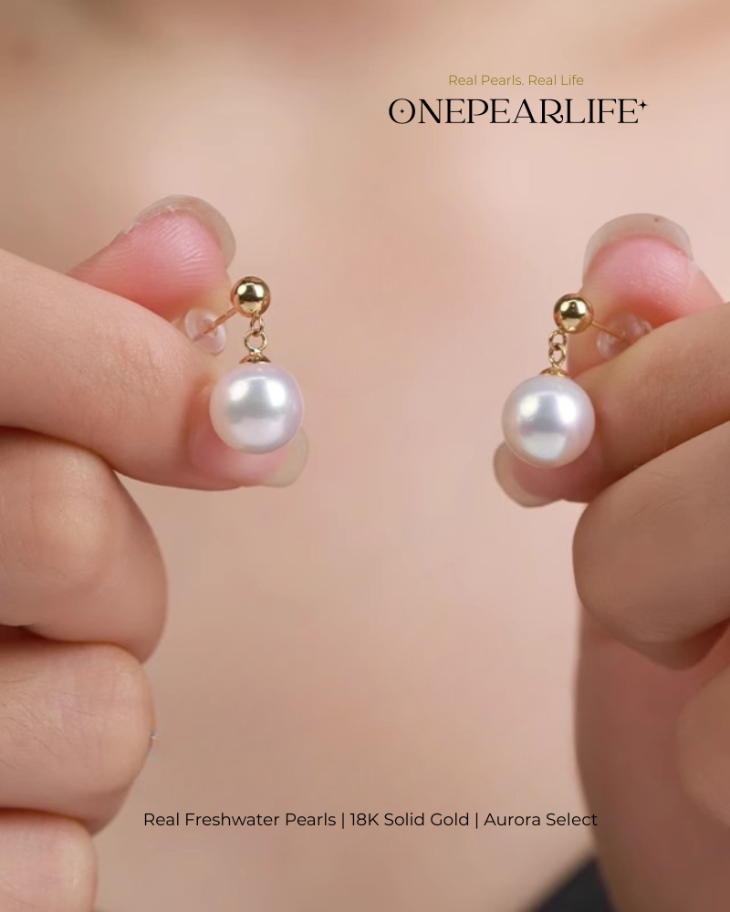 Clara – AAA Quality Natural Freshwater White Pearl Stud Earrings | 8–8.5mm | 18K Gold