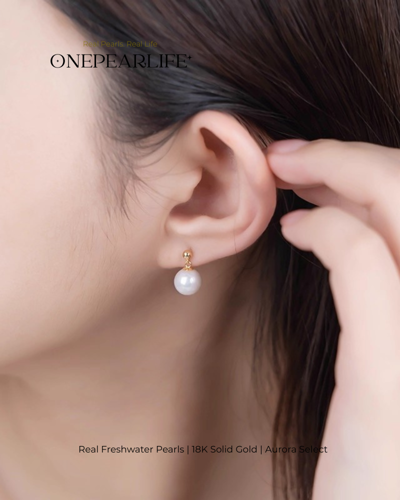 Clara – AAA Quality Natural Freshwater White Pearl Stud Earrings | 8–8.5mm | 18K Gold