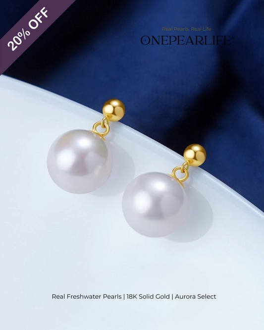 Clara – AAA Quality Natural Freshwater White Pearl Stud Earrings | 8–8.5mm | 18K Gold
