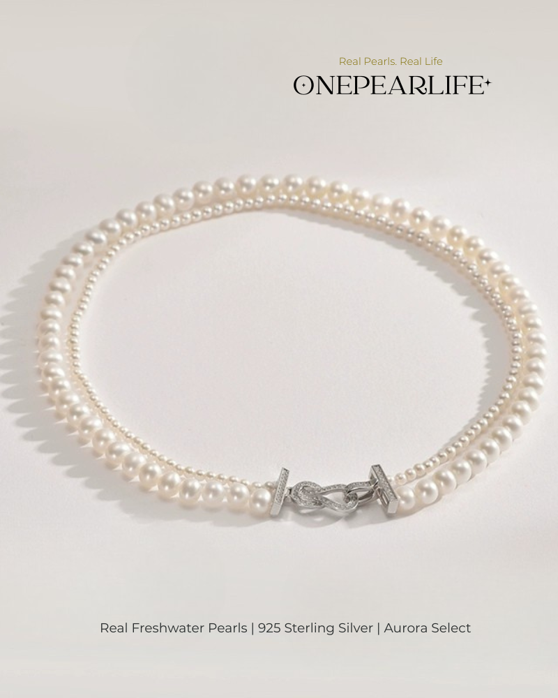 Duolara – AAA Quality White Aurora Double-Layer Natural Freshwater Pearl Necklace | Small 3–3.5mm, Large 6–6.5mm | 925 Sterling Silver