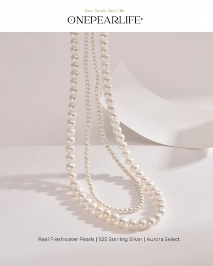 Duolara – AAA Quality White Aurora Double-Layer Natural Freshwater Pearl Necklace | Small 3–3.5mm, Large 6–6.5mm | 925 Sterling Silver