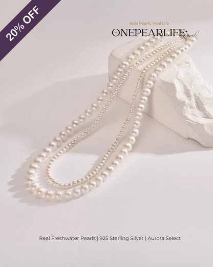 Duolara – AAA Quality White Aurora Double-Layer Natural Freshwater Pearl Necklace | Small 3–3.5mm, Large 6–6.5mm | 925 Sterling Silver