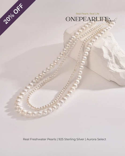 Duolara – AAA Quality White Aurora Double-Layer Natural Freshwater Pearl Necklace | Small 3–3.5mm, Large 6–6.5mm | 925 Sterling Silver