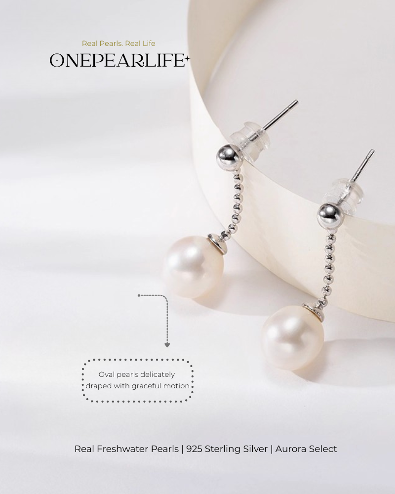 Ella – AAA Quality Natural Freshwater Oval High-Luster Pearl Drop Earrings | 9–9.5mm | 925 Sterling Silver