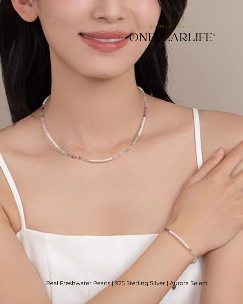 Elvina – AAA Quality Mini Freshwater Pearl & Fluorite Jewelry Two Set (Necklace | Bracelet | 3–3.5mm) | 925 Sterling Silver