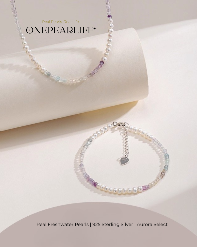 Elvina – AAA Quality Mini Freshwater Pearl & Fluorite Jewelry Two Set (Necklace | Bracelet | 3–3.5mm) | 925 Sterling Silver