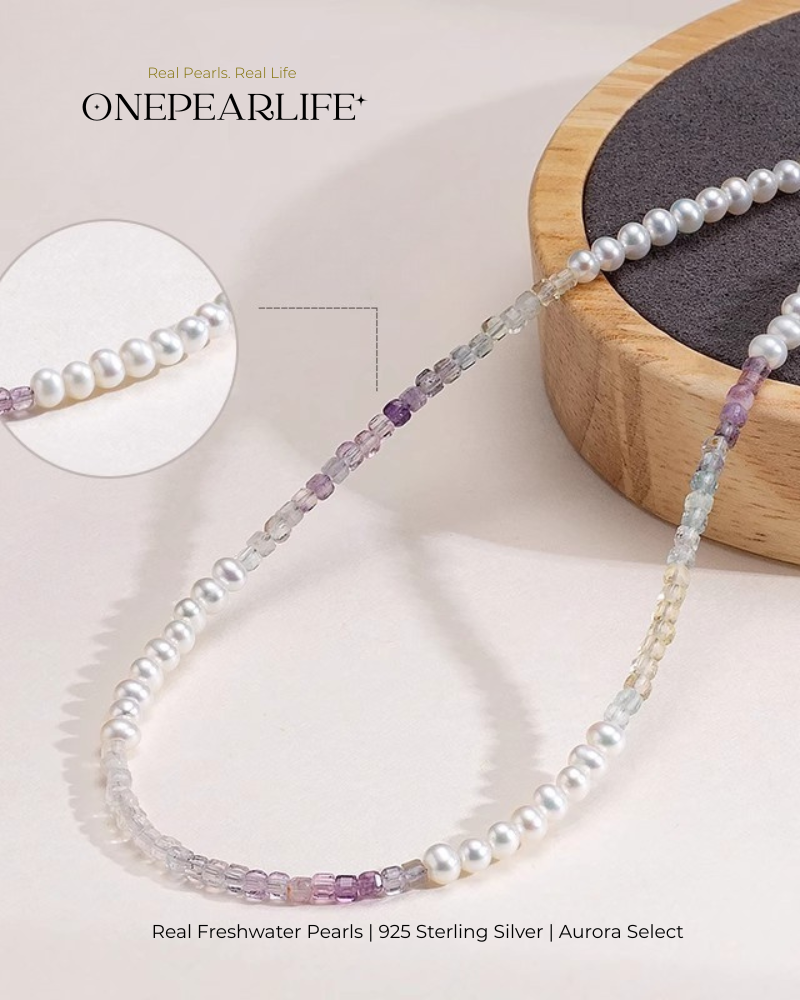 Elvina – AAA Quality Mini Freshwater Pearl & Fluorite Jewelry Two Set (Necklace | Bracelet | 3–3.5mm) | 925 Sterling Silver