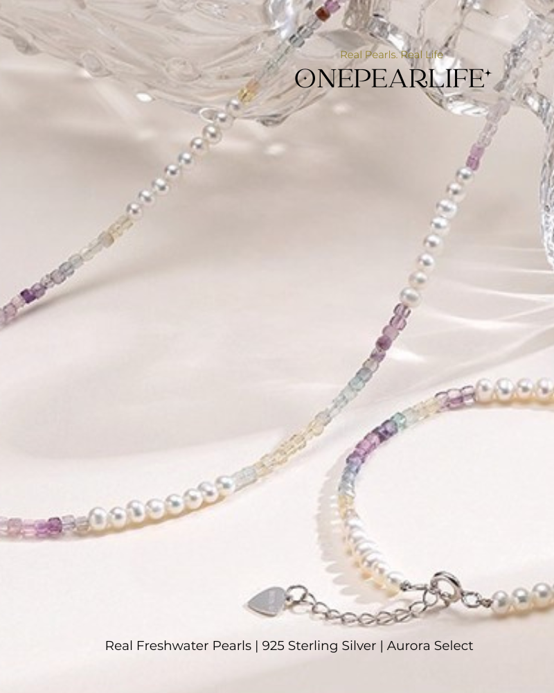 Elvina – AAA Quality Mini Freshwater Pearl & Fluorite Jewelry Two Set (Necklace | Bracelet | 3–3.5mm) | 925 Sterling Silver
