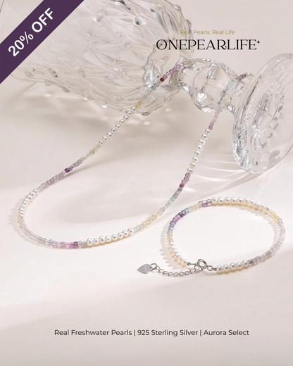 Elvina – AAA Quality Mini Freshwater Pearl & Fluorite Jewelry Two Set (Necklace | Bracelet | 3–3.5mm) | 925 Sterling Silver