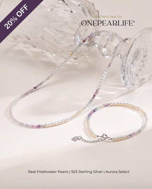 Elvina – AAA Quality Mini Freshwater Pearl & Fluorite Jewelry Two Set (Necklace | Bracelet | 3–3.5mm) | 925 Sterling Silver