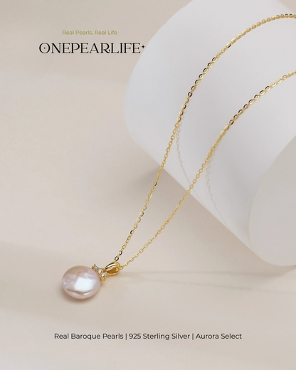 Elysia – AAA Quality Natural Baroque Button Pearl Necklace | 10×12mm | 18K Gold Vermeil Pendant