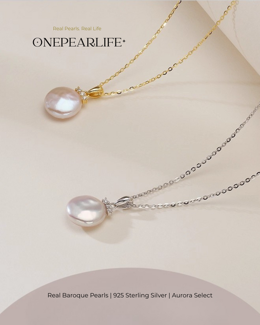 Elysia – AAA Quality Natural Baroque Button Pearl Necklace | 10×12mm | 18K Gold Vermeil Pendant Onepearlife