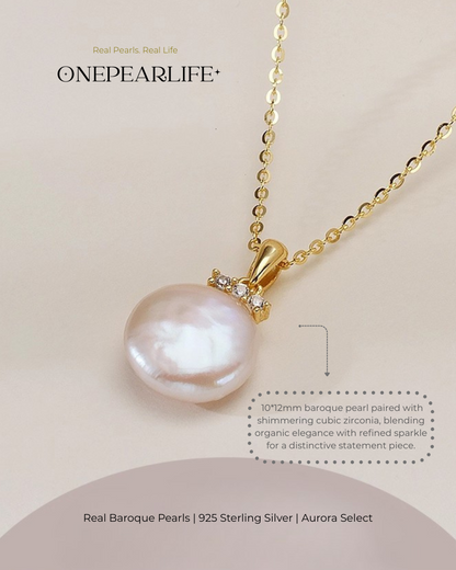 Elysia – AAA Quality Natural Baroque Button Pearl Necklace | 10×12mm | 18K Gold Vermeil Pendant