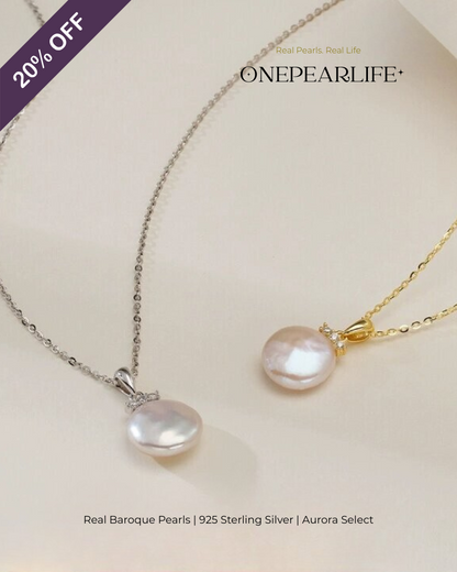 Elysia – AAA Quality Natural Baroque Button Pearl Necklace | 10×12mm | 18K Gold Vermeil Pendant