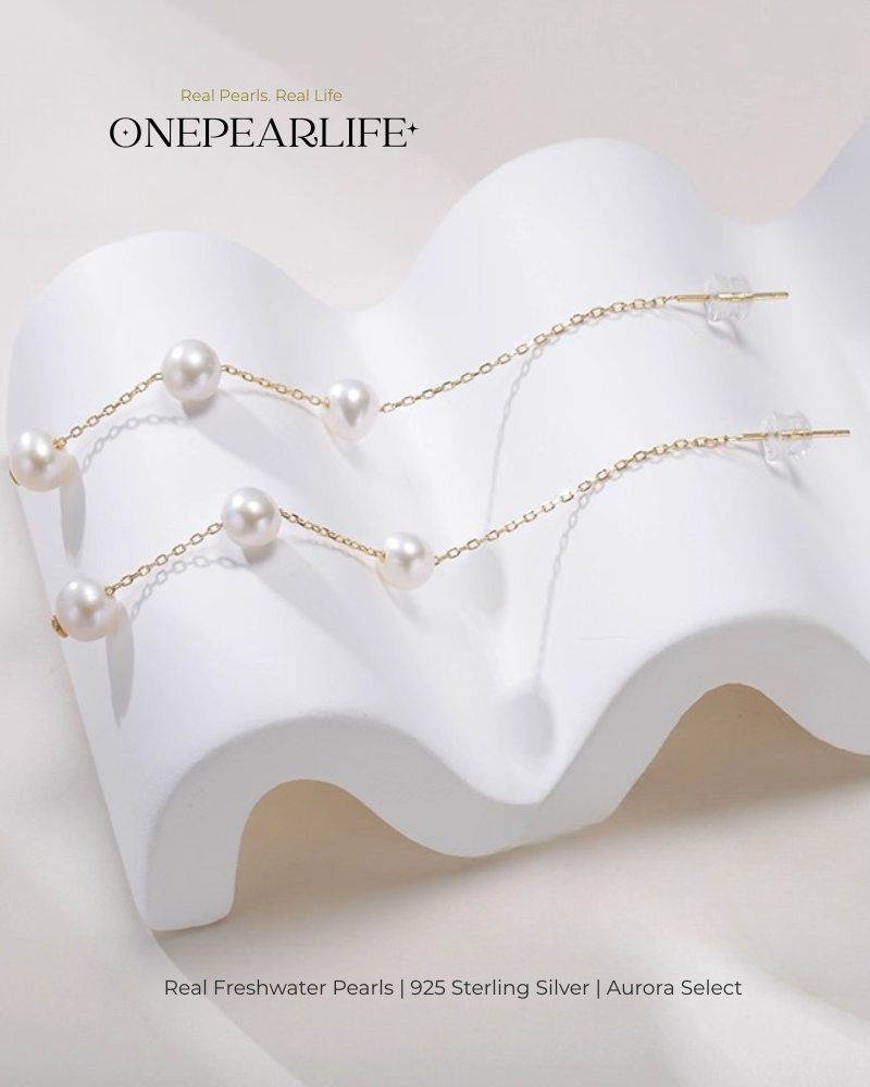 Faye – AAA Quality Natural Freshwater Pearl Drop Threader Earrings | 6–6.5mm | 18K Gold Vermeil
