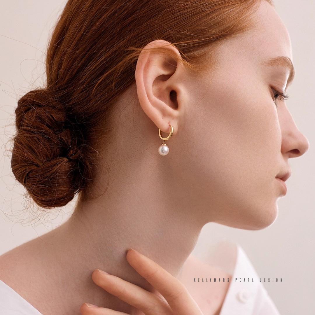 7–7.5mm Akoya pearl hoop earrings in 18K solid gold, dainty real pearl earrings for women, perfect for everyday elegance.