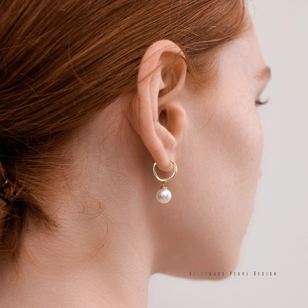 7–7.5mm Akoya pearl hoop earrings in 18K solid gold, dainty real pearl earrings for women, perfect for everyday elegance.