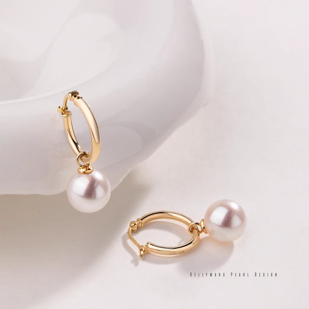 7–7.5mm Akoya pearl hoop earrings in 18K solid gold, dainty real pearl earrings for women, perfect for everyday elegance.