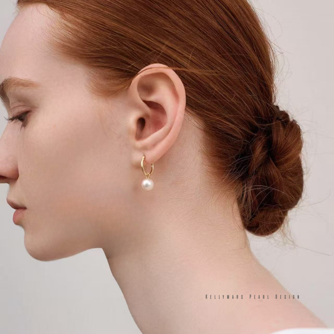 7–7.5mm Akoya pearl hoop earrings in 18K solid gold, dainty real pearl earrings for women, perfect for everyday elegance.