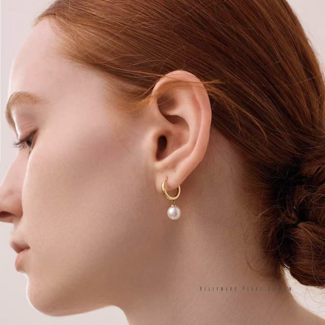7–7.5mm Akoya pearl hoop earrings in 18K solid gold, dainty real pearl earrings for women, perfect for everyday elegance.