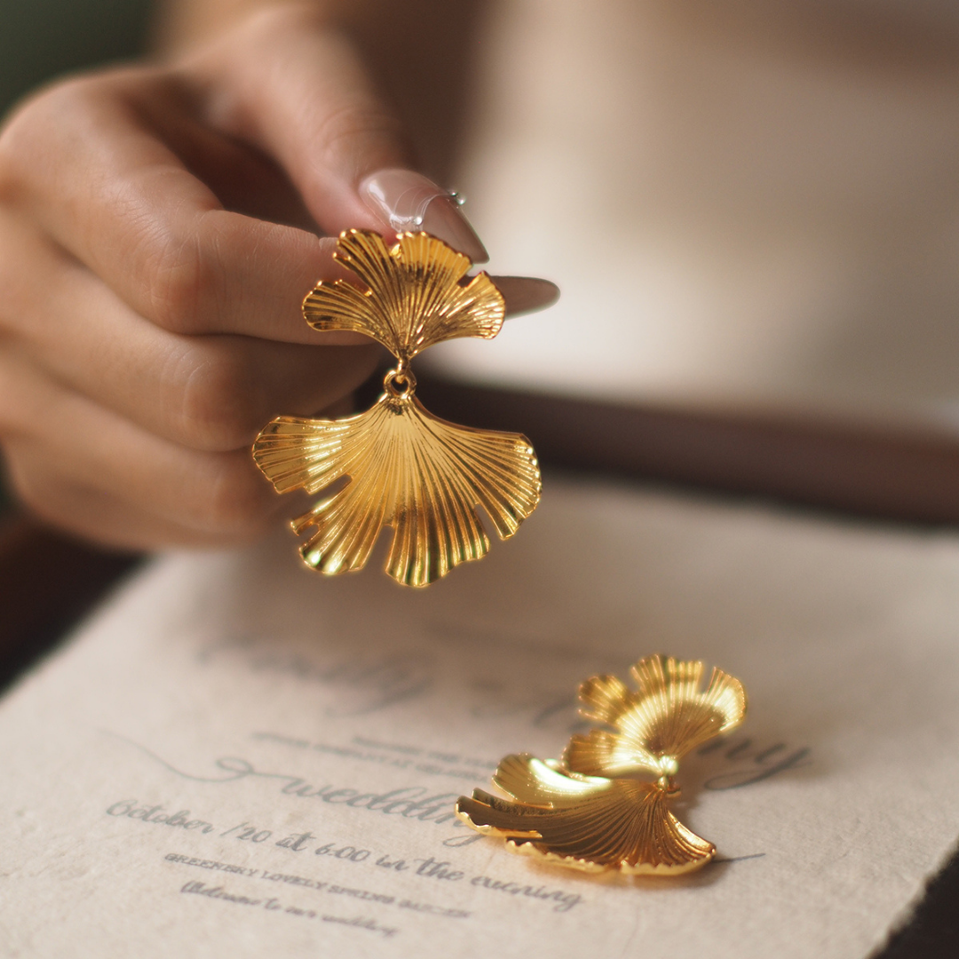 Designed Gold Ginkgo Leaf Earrings