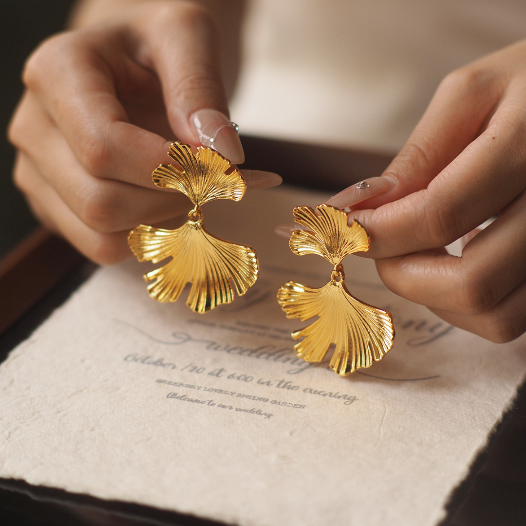 Designed Gold Ginkgo Leaf Earrings