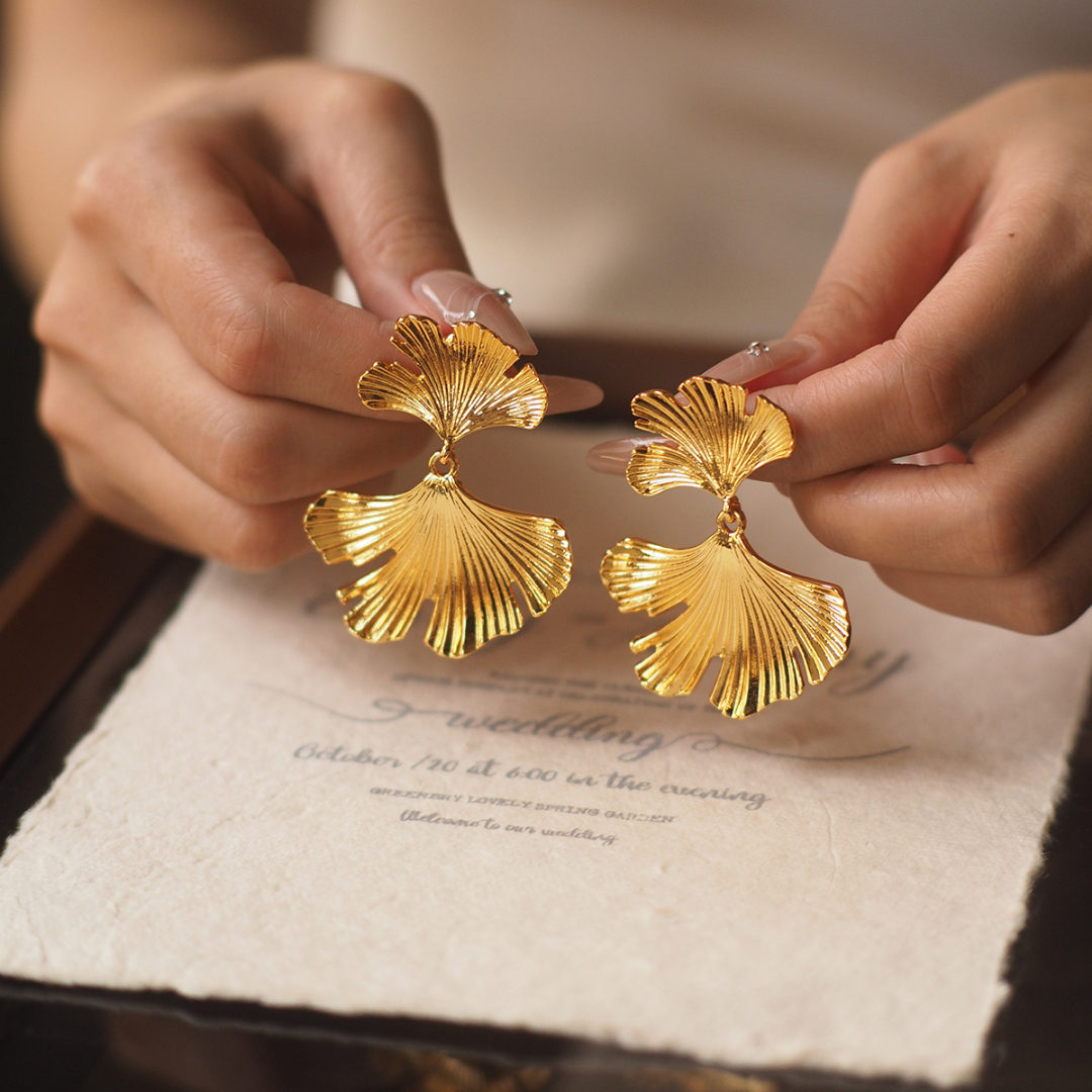 Designed Gold Ginkgo Leaf Earrings