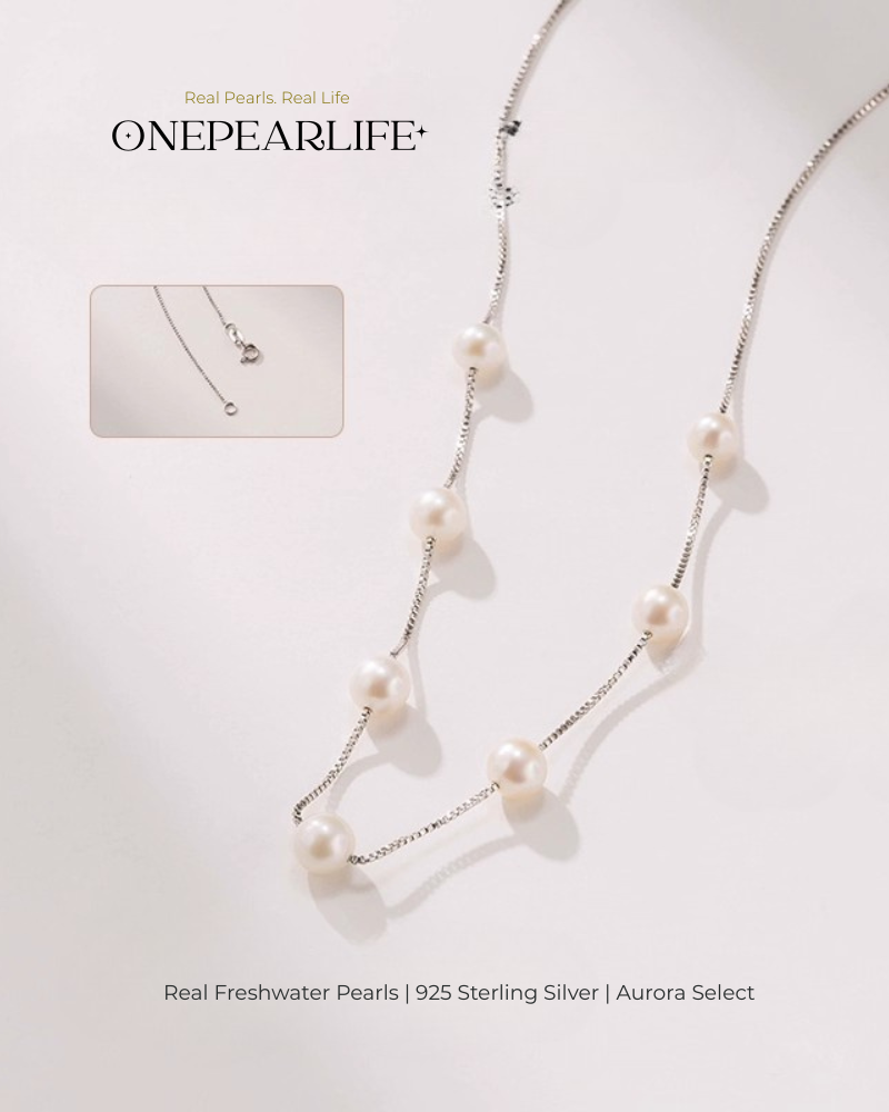 Halstara – AAA Quality White Aurora Semi-Starry Natural Freshwater Pearl Necklace | 7–7.5mm | 925 Sterling Silver