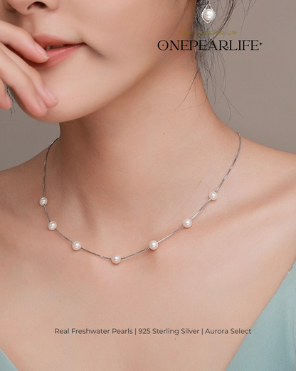 Halstara – AAA Quality White Aurora Semi-Starry Natural Freshwater Pearl Necklace | 7–7.5mm | 925 Sterling Silver