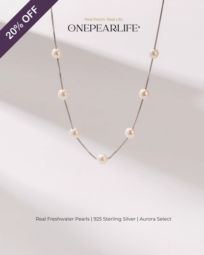 Halstara – AAA Quality White Aurora Semi-Starry Natural Freshwater Pearl Necklace | 7–7.5mm | 925 Sterling Silver