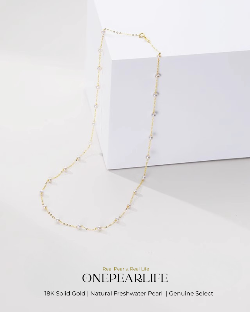 Hana – AAA Baby White Freshwater Pearl Necklace | 3–3.5mm Mini Stardust Design | 18K Solid Gold KELLYMARS