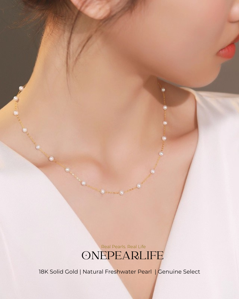 Hana – AAA Baby White Freshwater Pearl Necklace | 3–3.5mm Mini Stardust Design | 18K Solid Gold KELLYMARS