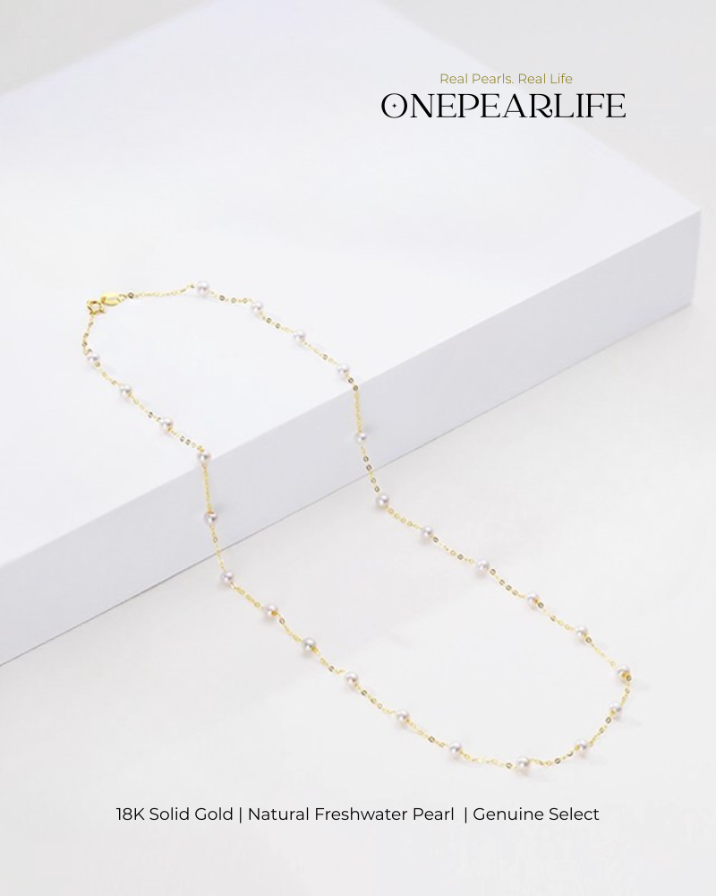 Hana – AAA Baby White Freshwater Pearl Necklace | 3–3.5mm Mini Stardust Design | 18K Solid Gold KELLYMARS