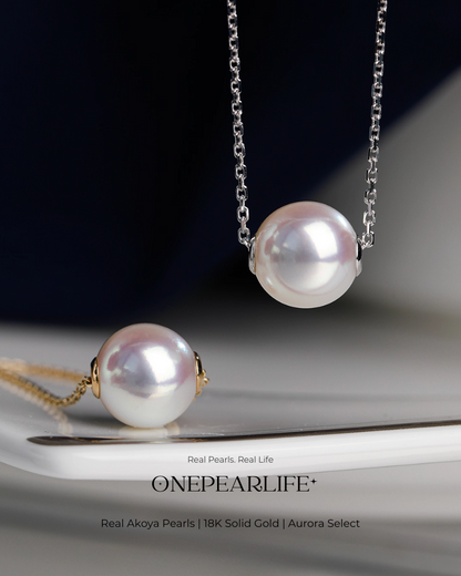 Hikaru – Natural Akoya White Pearl Pendant Necklace | 18K Gold (White or Yellow) | 8–8.5mm