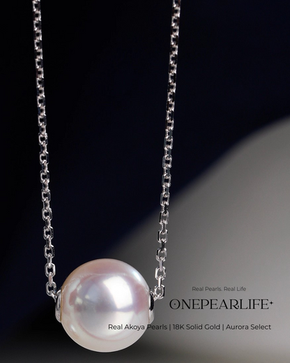 Hikaru – Natural Akoya White Pearl Pendant Necklace | 18K Gold (White or Yellow) | 8–8.5mm